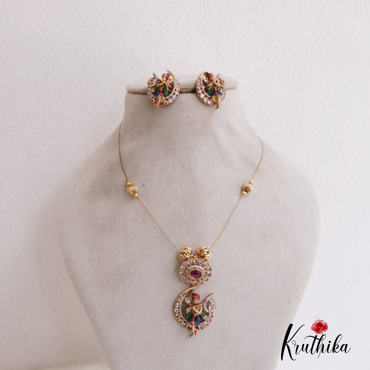 Beautiful Hand Painted Lord Krishna Motifs Invisible Chain Pendant NC2674