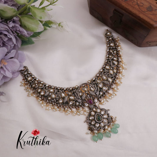 Trendy Antique Victorian Finish Kundan Peacock Necklace NC2366
