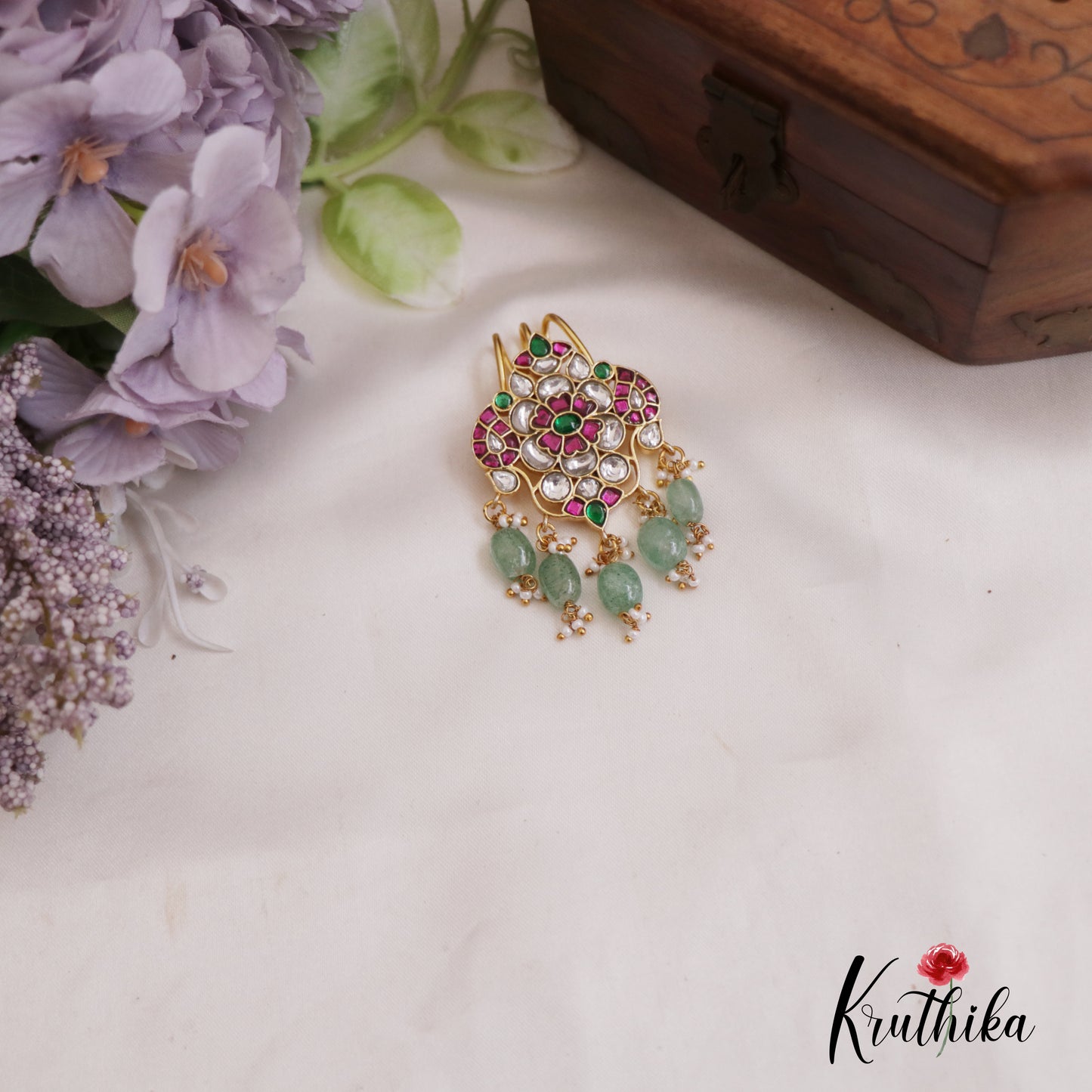 Beautiful Floral Motifs Jadau Jada Billa With Green Bead Drops J330