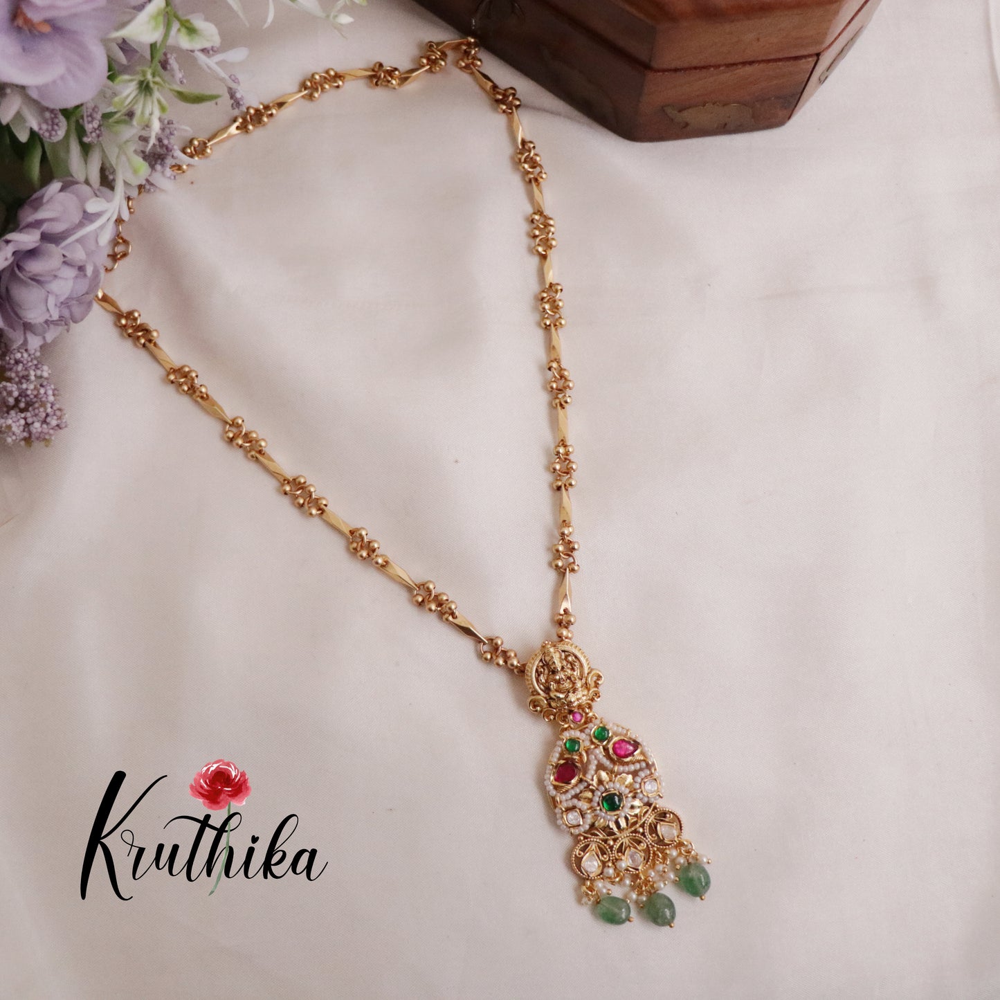 Elegant Temple Lakshmi Jadau Necklace with Pastel Green Beads NC2075