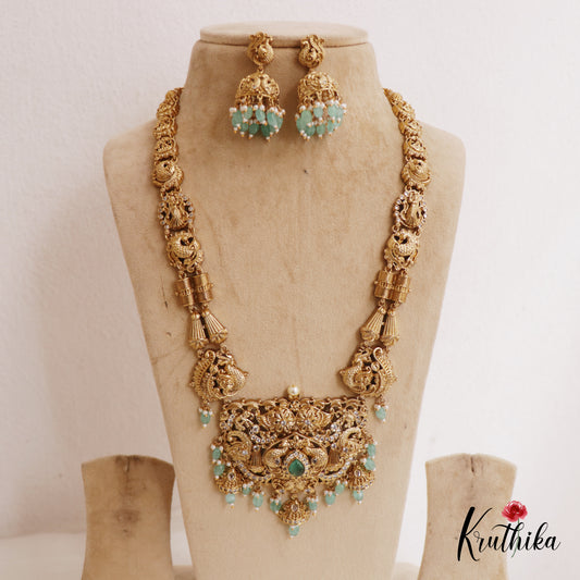 Gorgeous Antique Peacock Motifs Haaram With Bead Drops LH2055 (Available In 3 Colors)