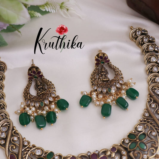 Royal Antique Victorian Kundan Lakshmi Pendant Necklace with Green Beads Drops NC2340