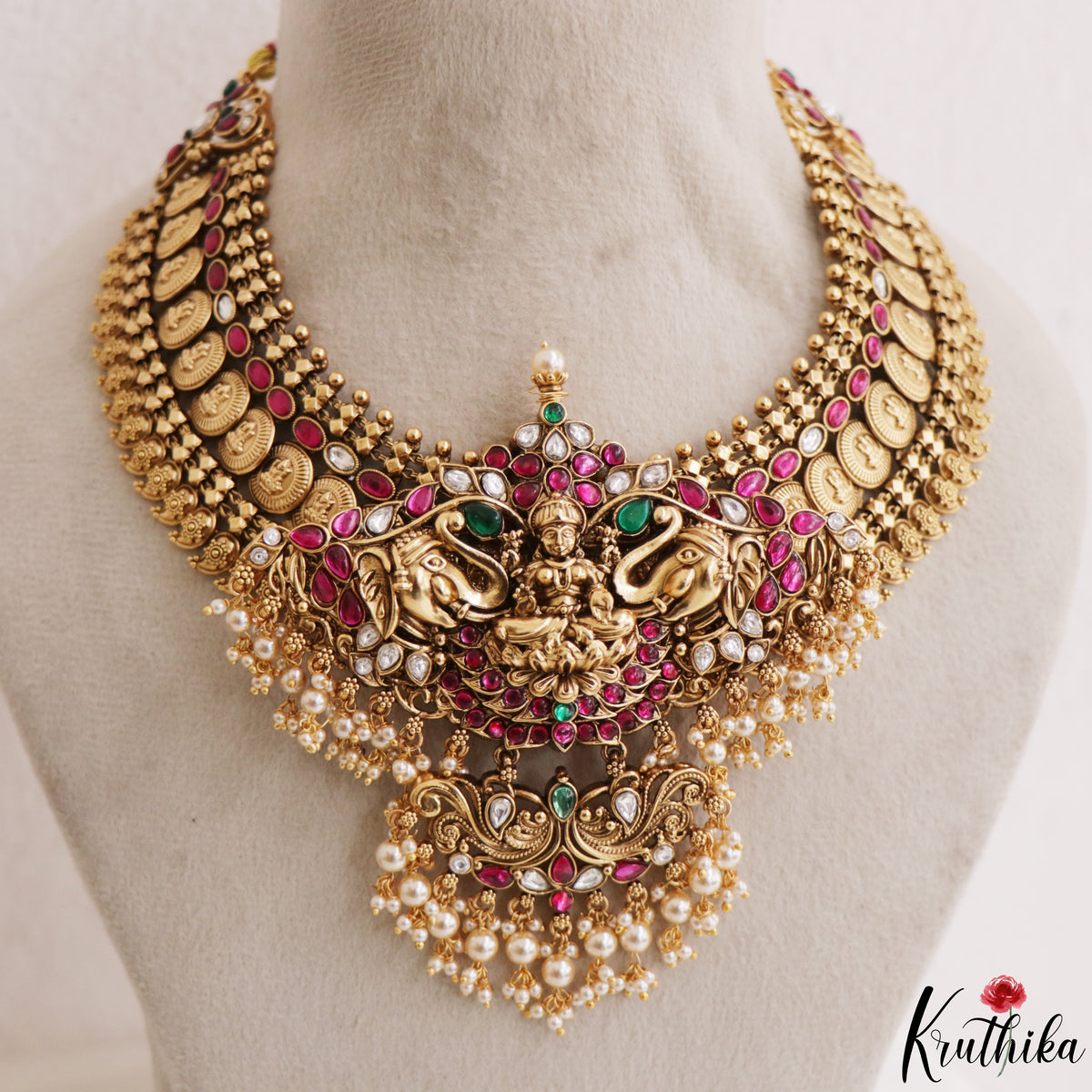 Royal Bridal 4 in 1 changeable antique kasu necklace with three changeable Jadau pendants NC2225