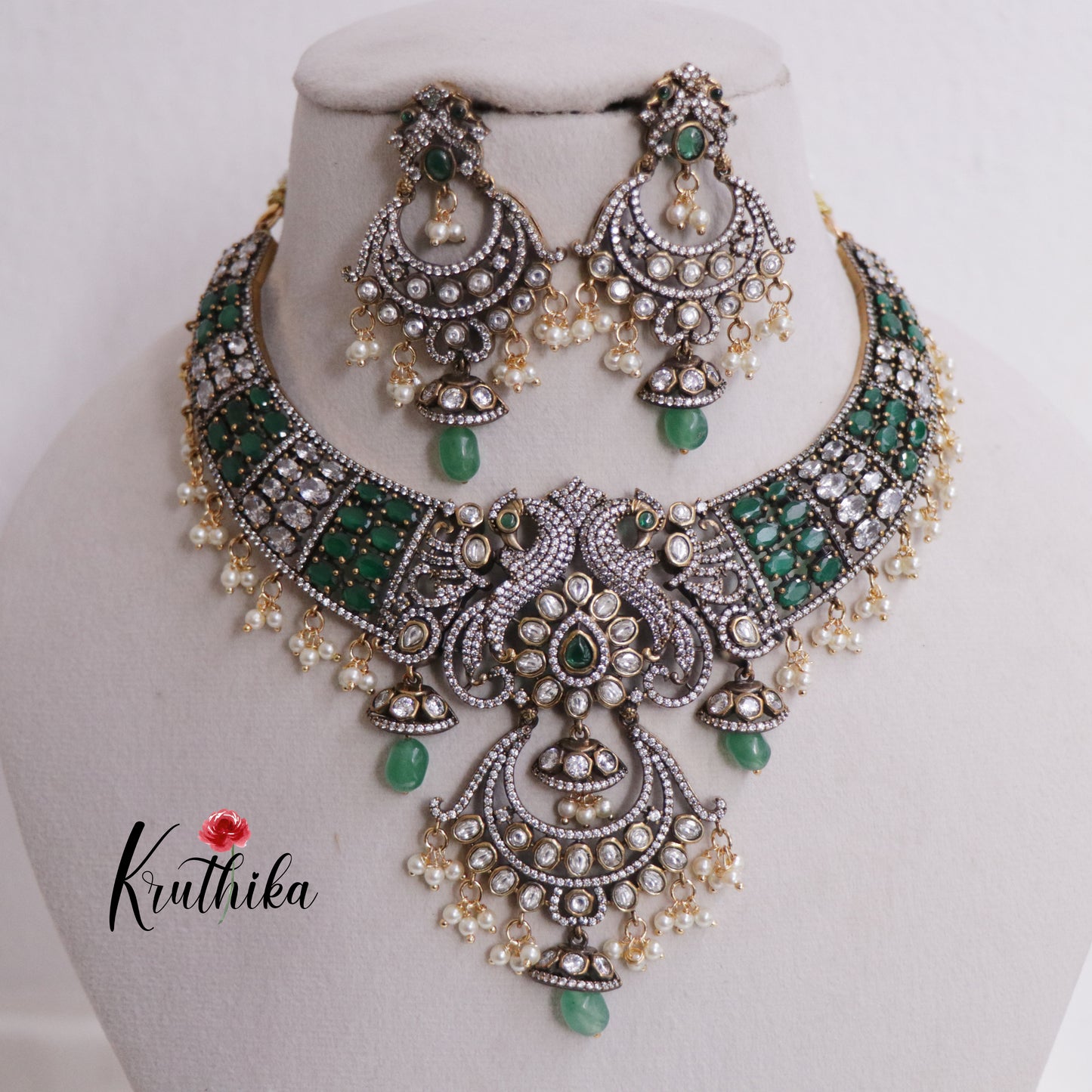 Simple Trendy Antique Victorian Finish Kundan Peacock Necklace NC2367