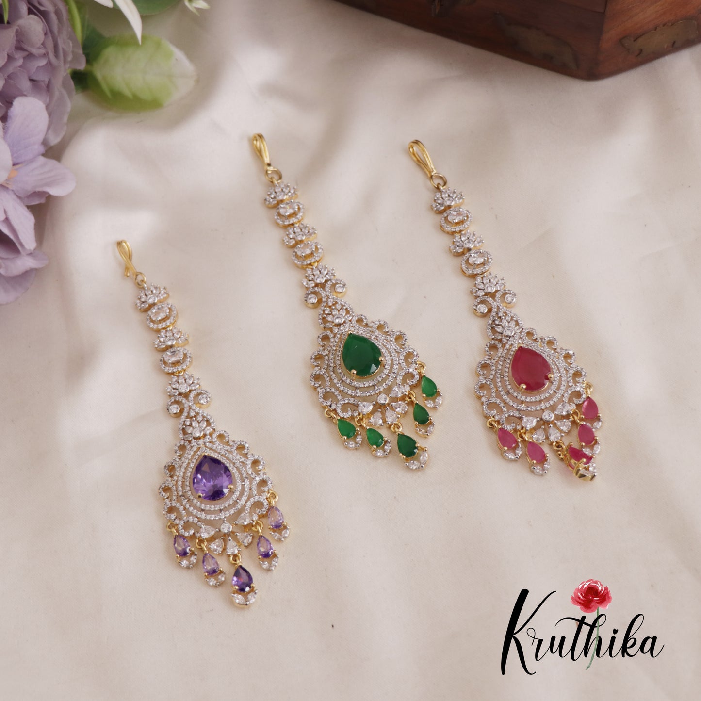 Beautiful CZ Floral Teardrop Motifs Maang Tikka MT323 (Available In 3 Colors)