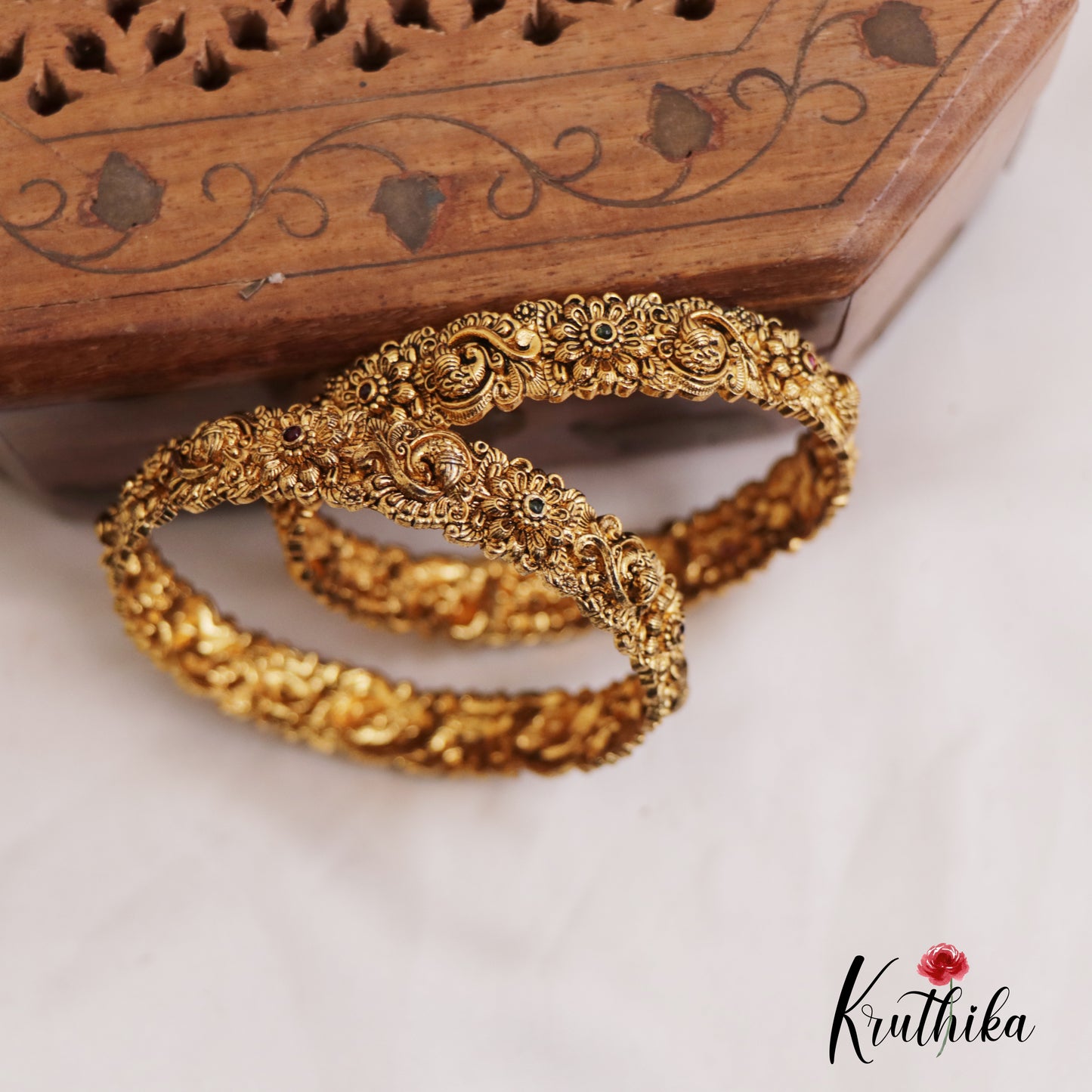 Elegant Antique Floral Peacock Motifs Bangles B449 (Set Of 2)