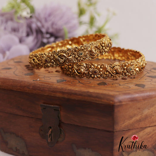 Elegant Antique Floral Peacock Motifs Bangles B449 (Set Of 2)
