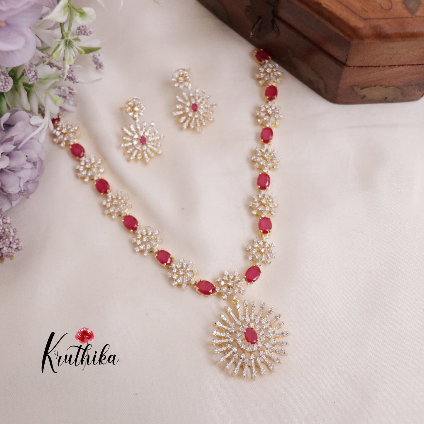 Elegant Flower Design Red Zircon Spark Diamond Set NC2073