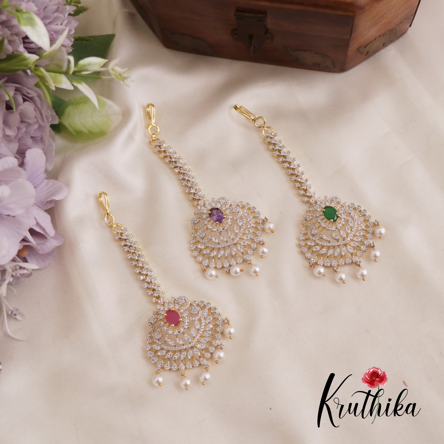 Classic CZ Leaf Motifs Maang Tikka With Pearl Drops MT324