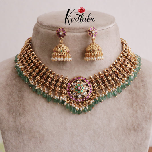 Premium Three Layer Jadau Floral Necklace with Pastel Green Beads NC2047