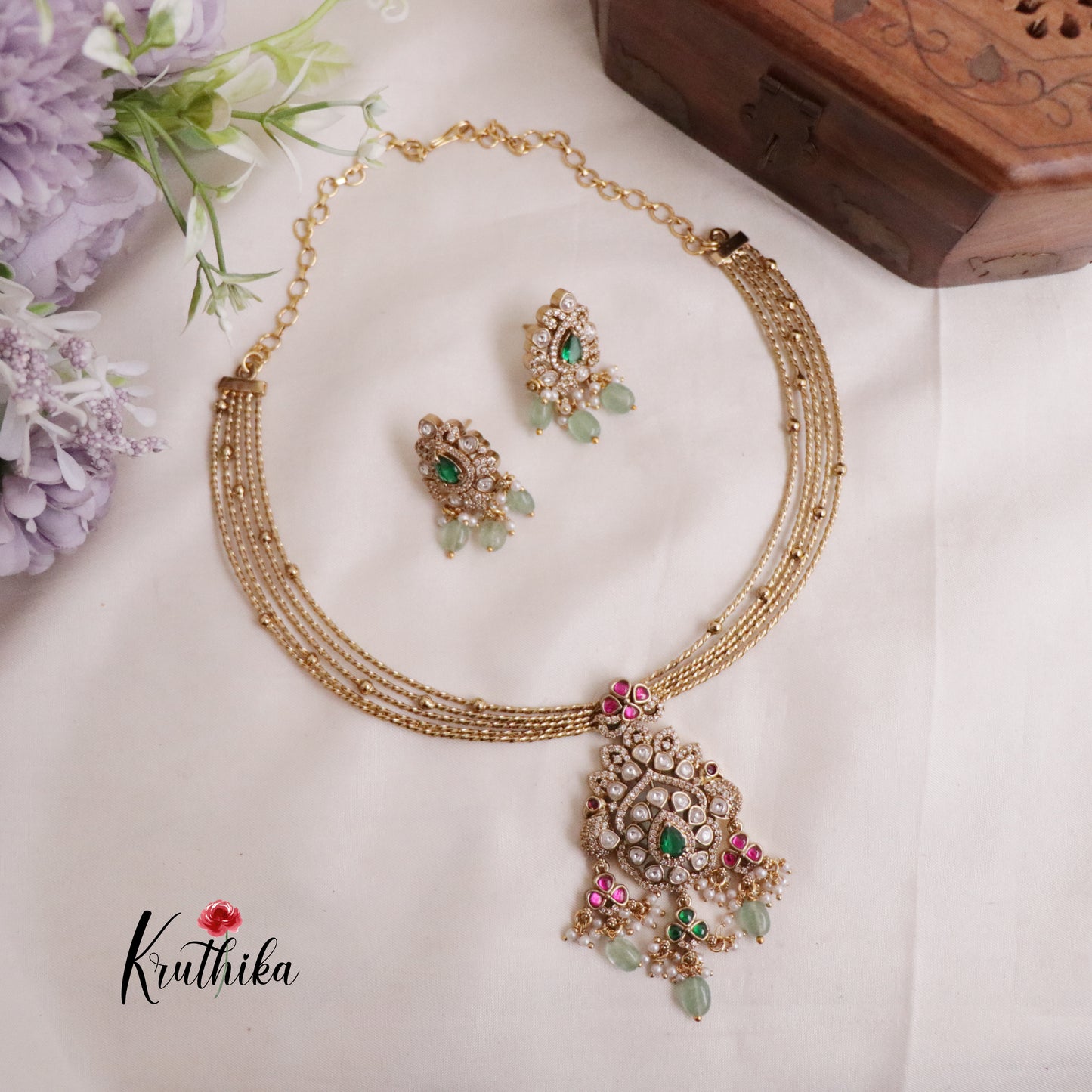 Trendy Victorian Peacock Hasli Emerald Necklace NC2023 (Available in 2 Colours Beads)