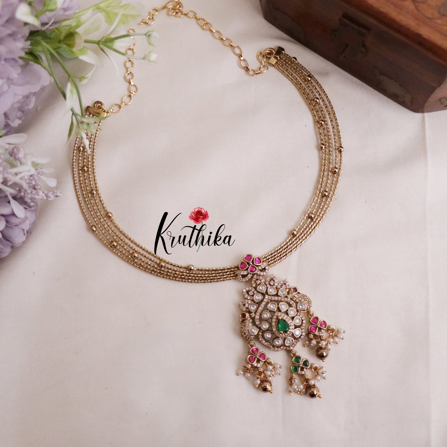 Trendy Victorian Peacock Hasli Emerald Necklace NC2023 (Available in 2 Colours Beads)