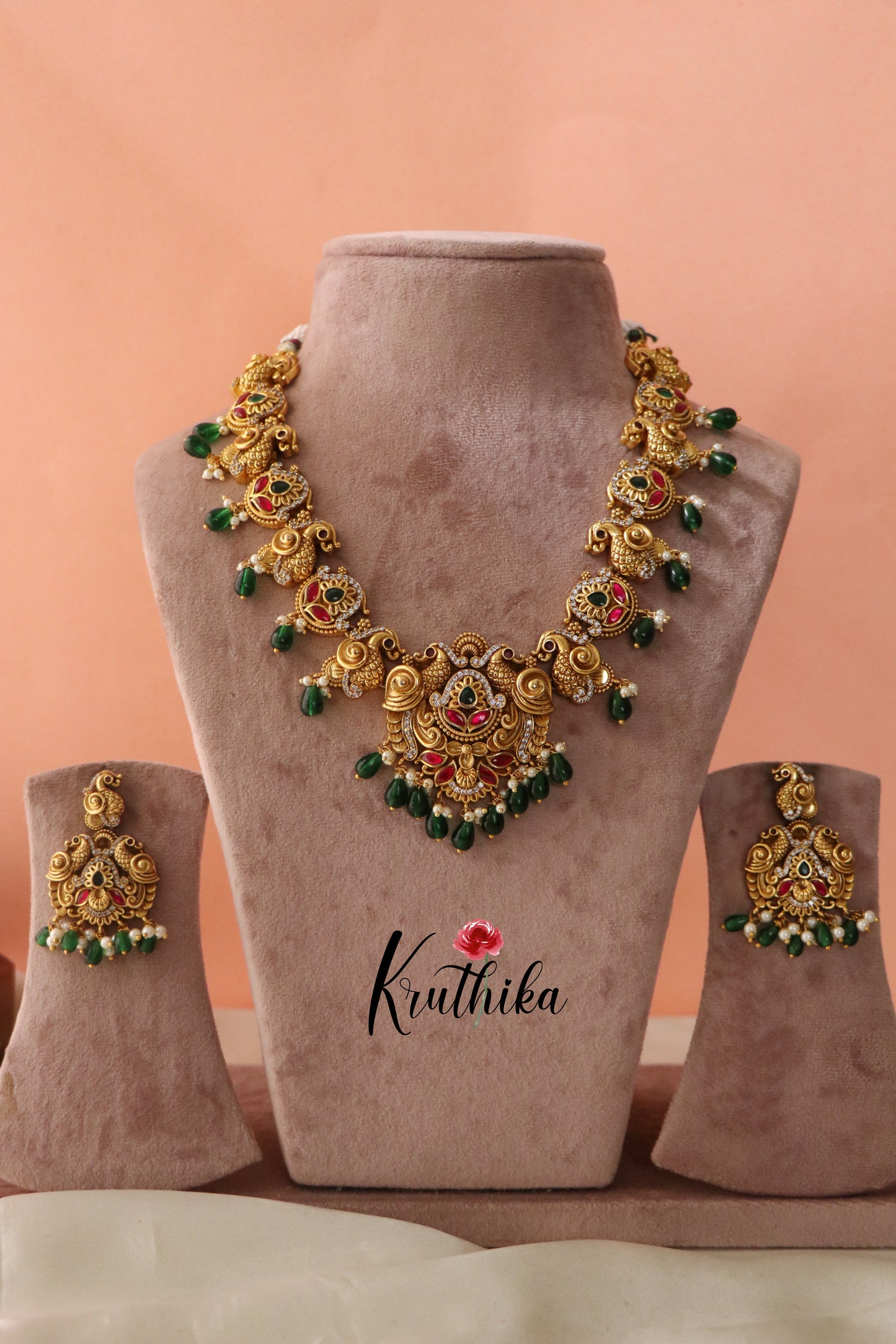 Jadau peacock green beads necklace NC1032