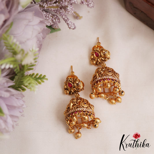Beautiful Lord Ganesha Motifs Jadau Jhumkas With Gold Bead Drops E1161