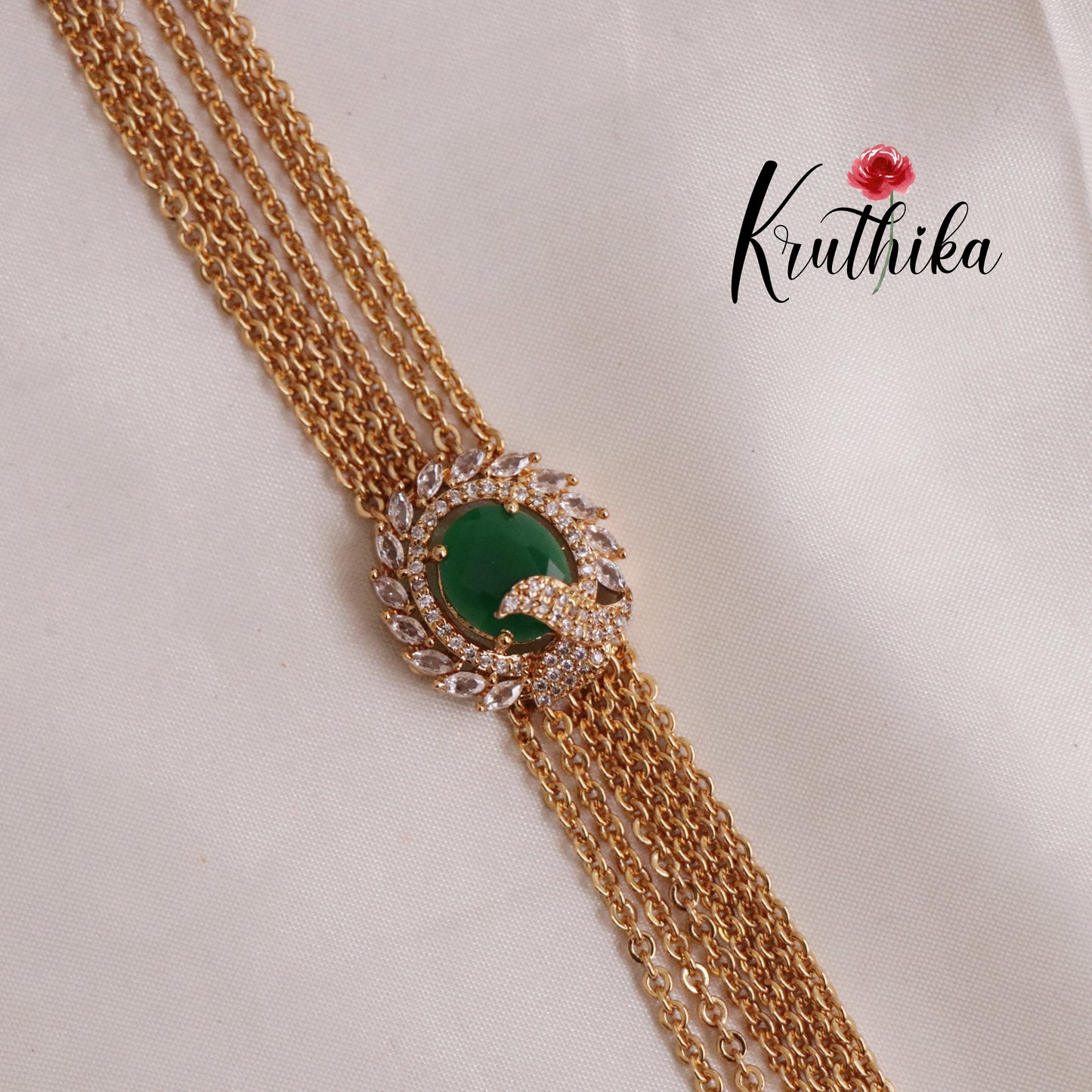 Elegant Four Layer Emerlad Vintage Chandra Multi Stone Haaram with Side AD Pendant LH1910