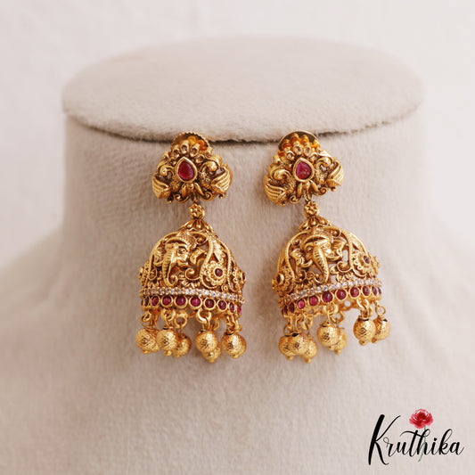 Beautiful Lord Ganesha Motifs Jadau Jhumkas With Gold Bead Drops E1161