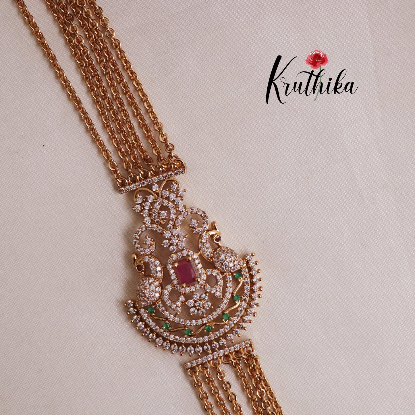 Trendy Four Layer Ruby Vintage Chandra Multi Stone Haaram with Side AD Pendant LH1909