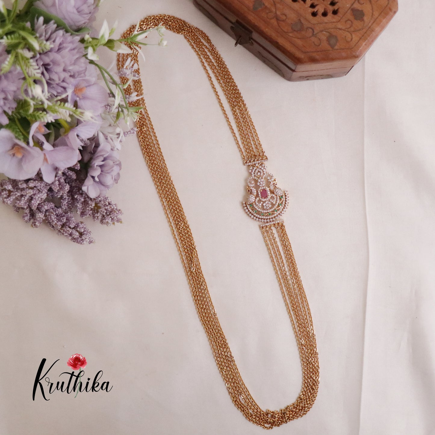 Trendy Four Layer Ruby Vintage Chandra Multi Stone Haaram with Side AD Pendant LH1909