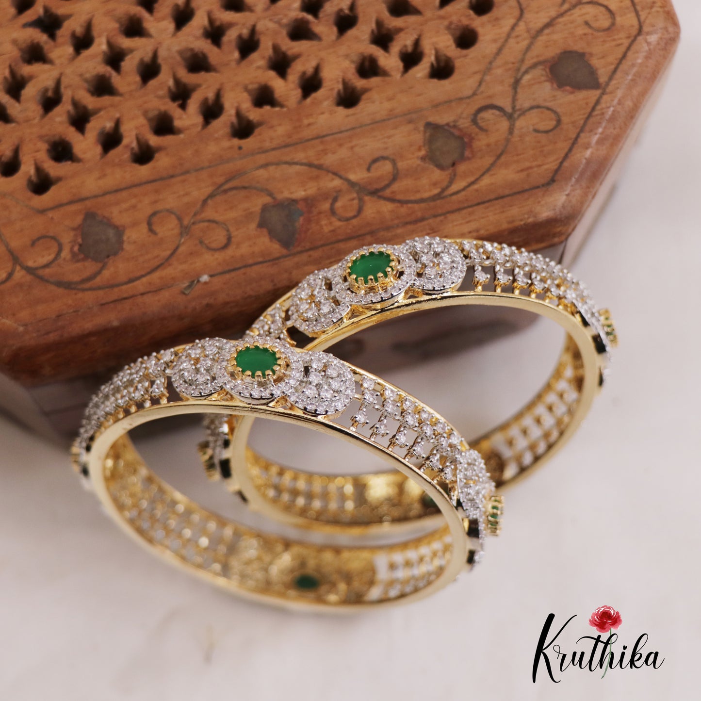 Beautiful Floral Motifs Diamond-Finish Gold-Tone Bangles B442 (Set of 2 Bangles)|(Available In 2 Colors)