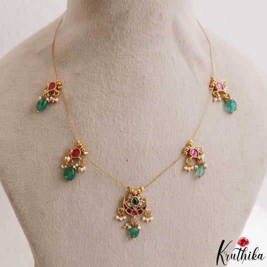 Simple Lotus Motifs Jadau Invisible Chain With Green Bead Drops NC3205