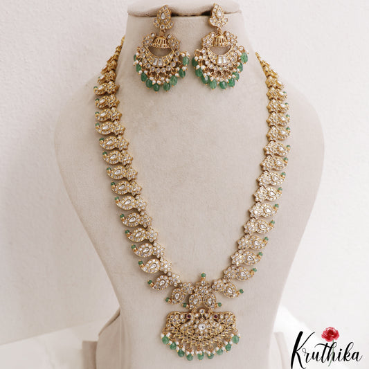Stunning Mango Peacock Motifs CZ Haaram With Green Bead Drops LH2136 (Available In 2 Colors)