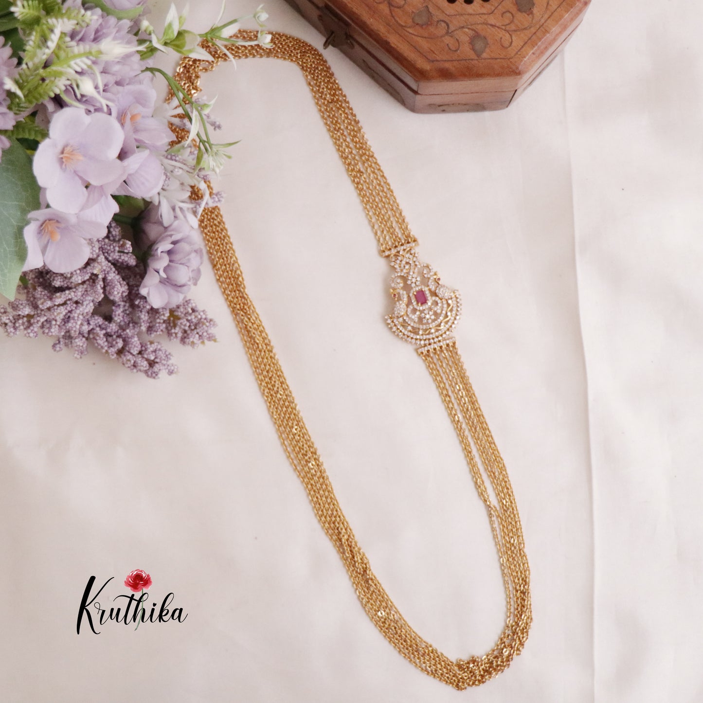 Elegant Four Layer Peacock Ruby Stone Design Chandra Haaram with AD Pendant LH1906