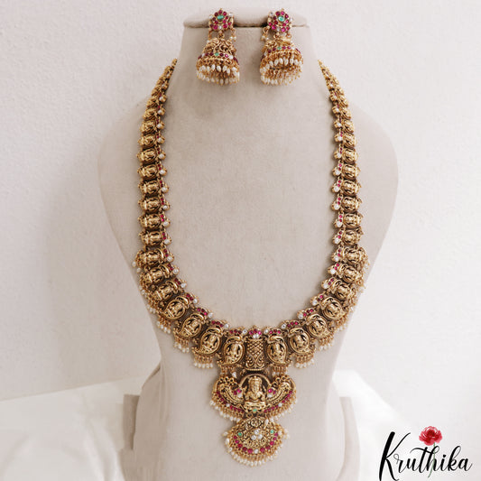 Gorgeous Antique Nagas Mango Lakshmi Motifs Jadau Haaram With Rice Pearl Drops LH2137