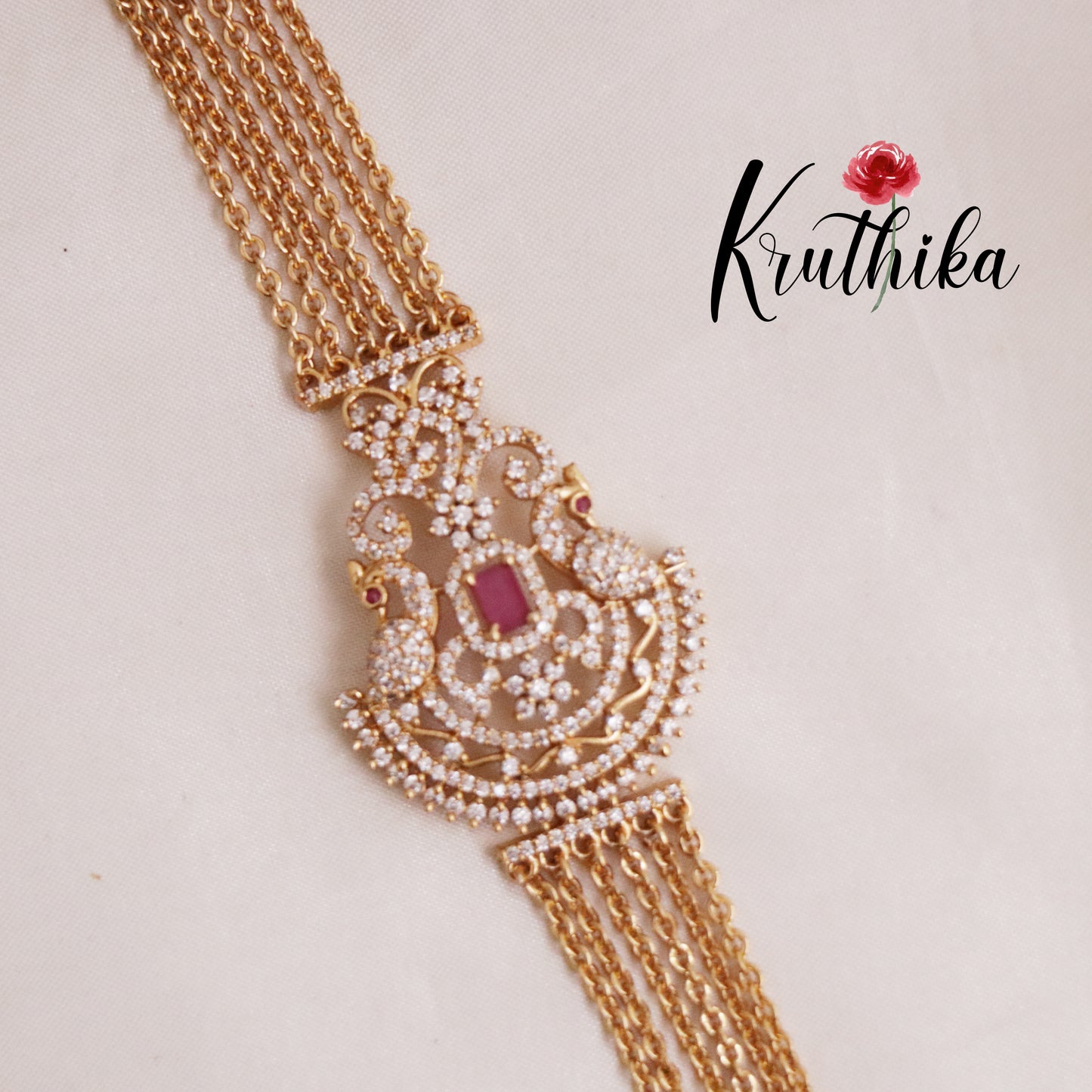 Elegant Four Layer Peacock Ruby Stone Design Chandra Haaram with AD Pendant LH1906