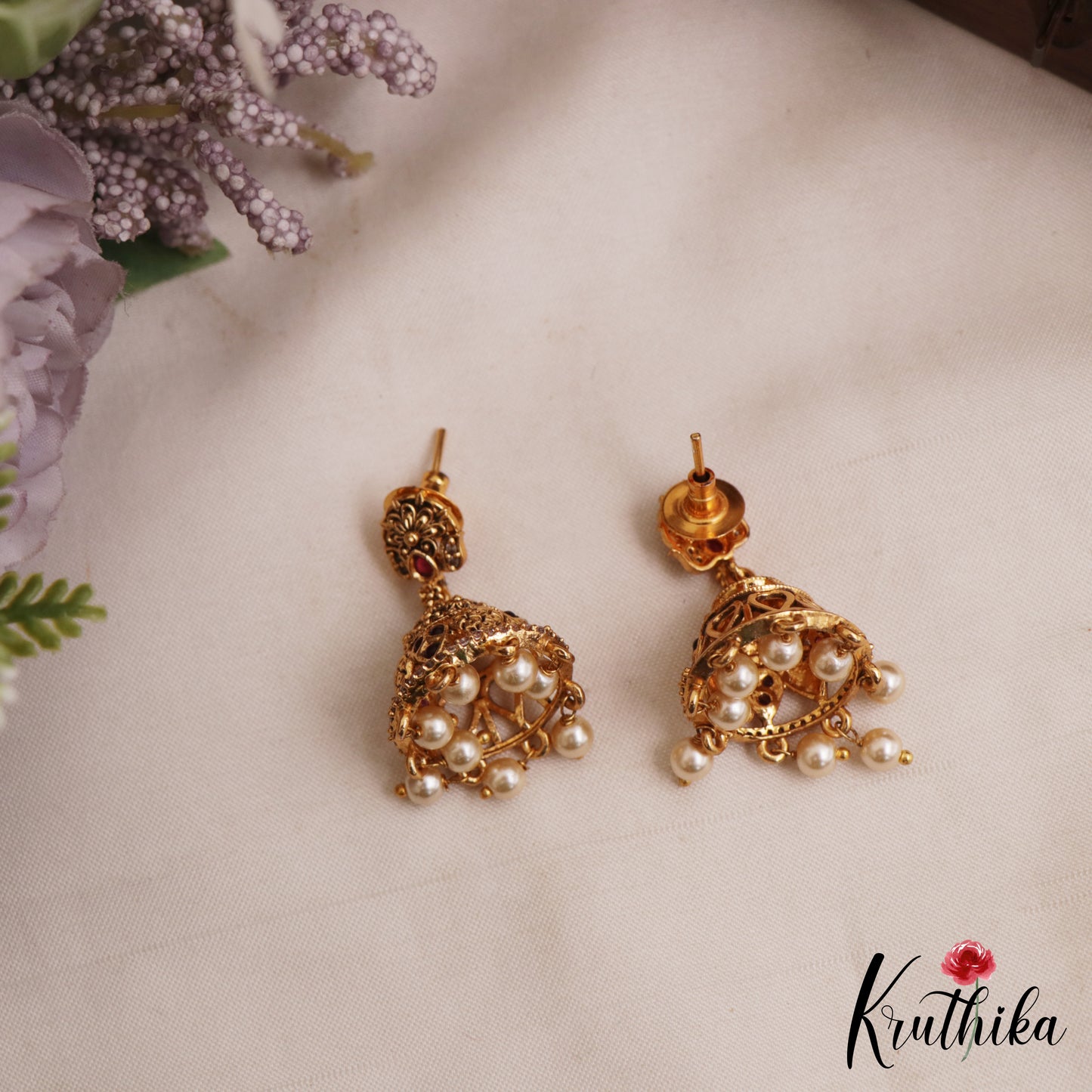 Elegant Antique Floral Motifs Kemp Jhumkas With Pearl Drops E1163 (Available In 2 Colors)
