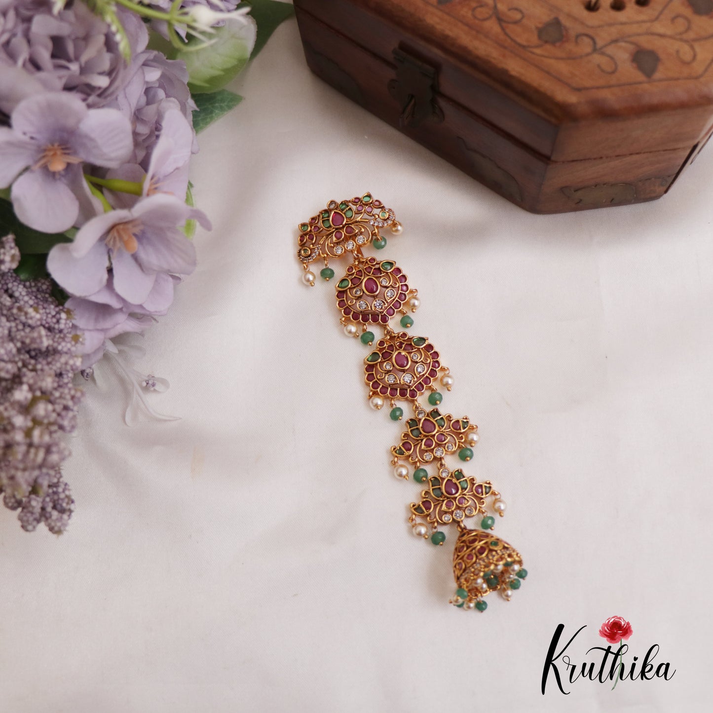 Stunning Peacock Floral Motifs Kemp Jhumka Jada Billa With Green Bead Drops J347
