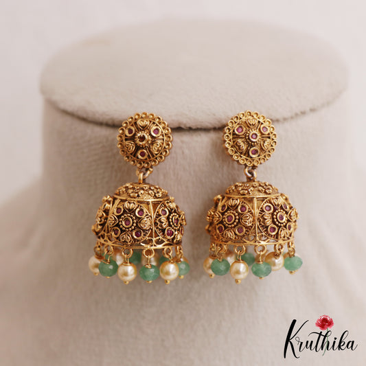 Classic Antique Floral Motifs Jhumkas With Pearl Bead Drops E1164 (Available In 2 Colors)
