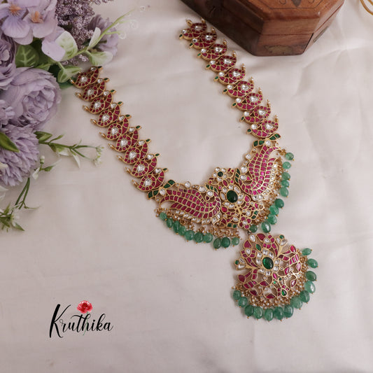Elegant Peacock Floral Jadau Haaram with Green Beads Drops LH1993