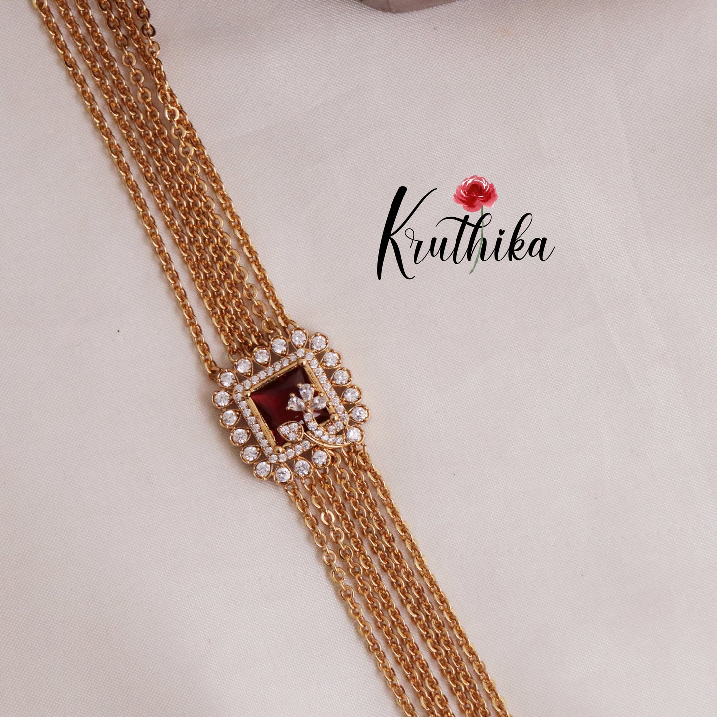 Beautiful Four Layer Ruby Vintage Chandra Multi Stone Haaram with Side AD Pendant LH1911