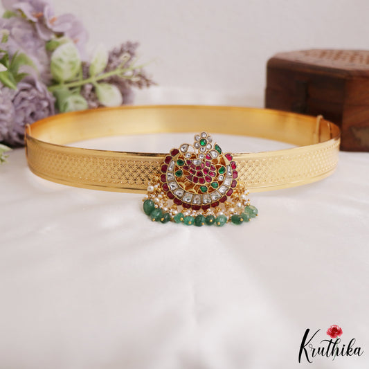 Stunning Jadau Pendant with Green beads drops Hip Belt/ Vaddanam V402