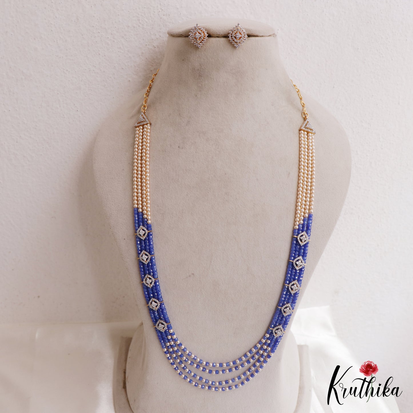 Classic Multi Layered Crystal & Pearl Haaram With Floral Accents LH2128 (Available In 8 Colors)