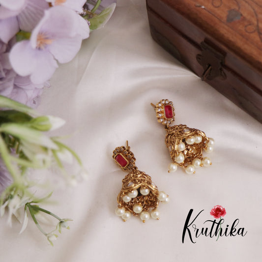Simple AD Jhumkas with Pearls Drops E734 (Available in 2 Colours)