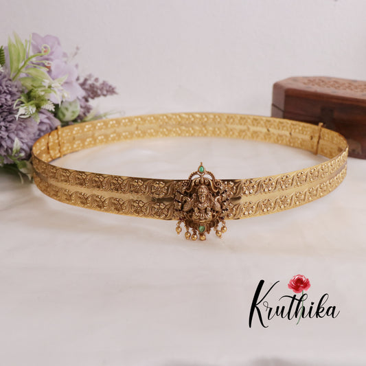 Beauitful Light Weight Temple Lakshmi Peacock Hip Belt with Golden Beads V300