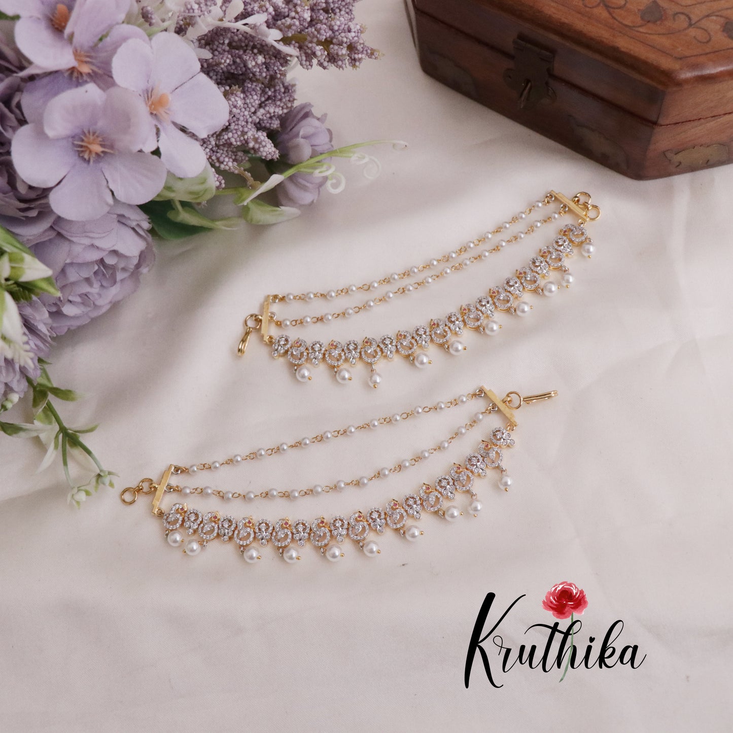 Trendy CZ Sparkling Peacock Three Layer Earchains EC135