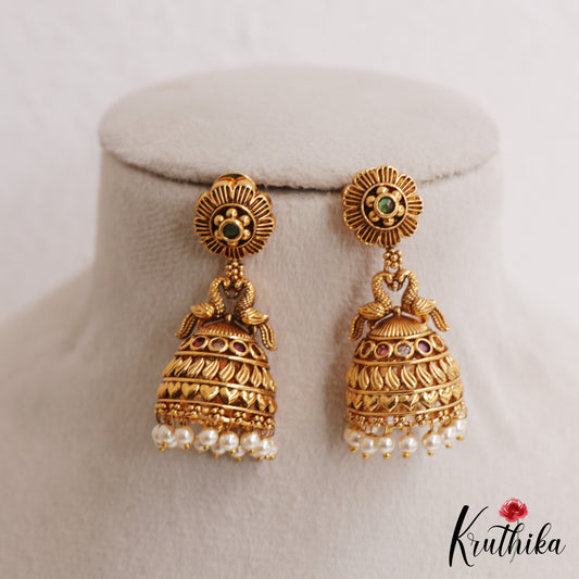 Pretty Antique Floral Peacock Motifs Jhumkas With Pearl Drops E1165 (Available In 2 Colors)