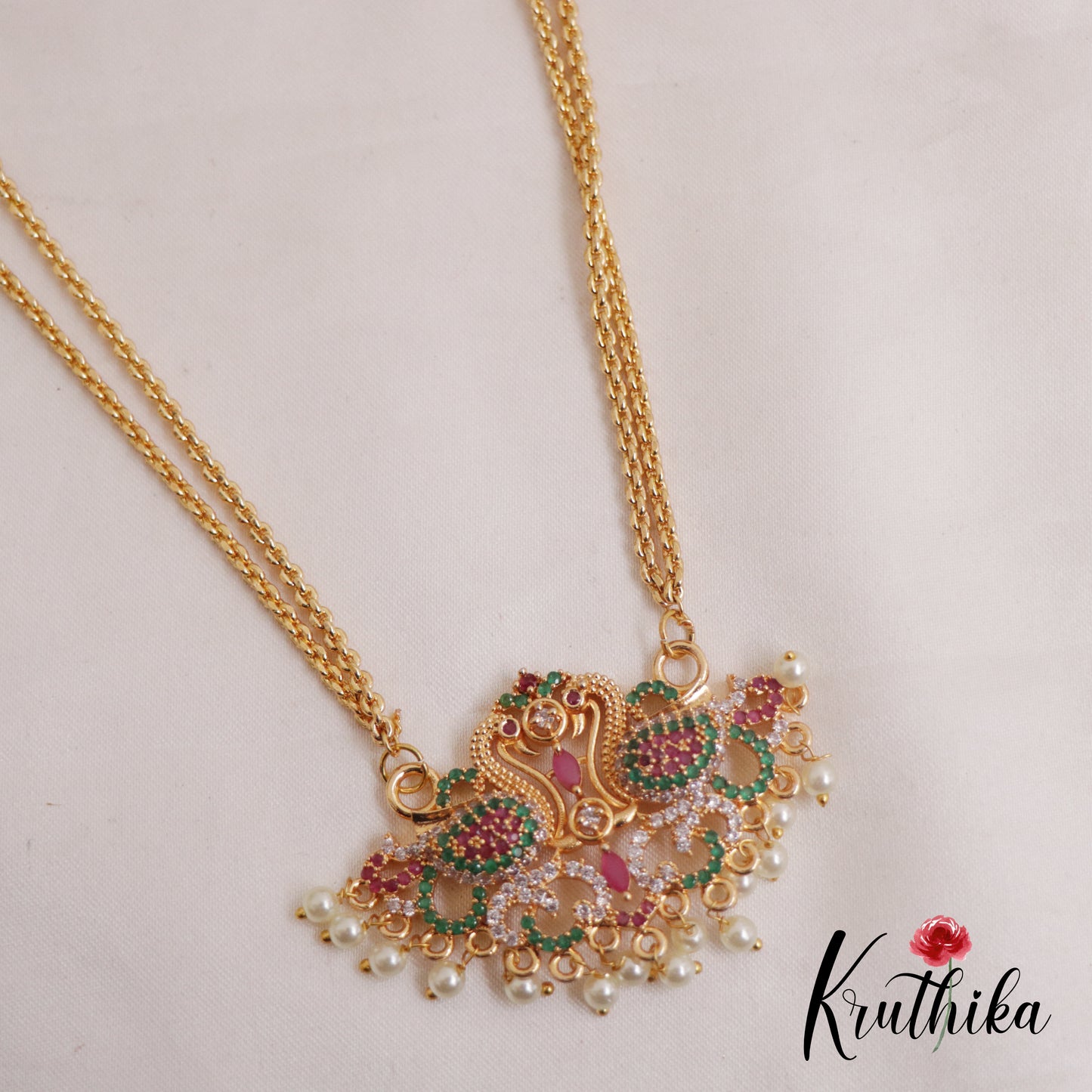 Simple Two Layer Peacock Motif Pendant Haaram with Pearl Drops LH1994