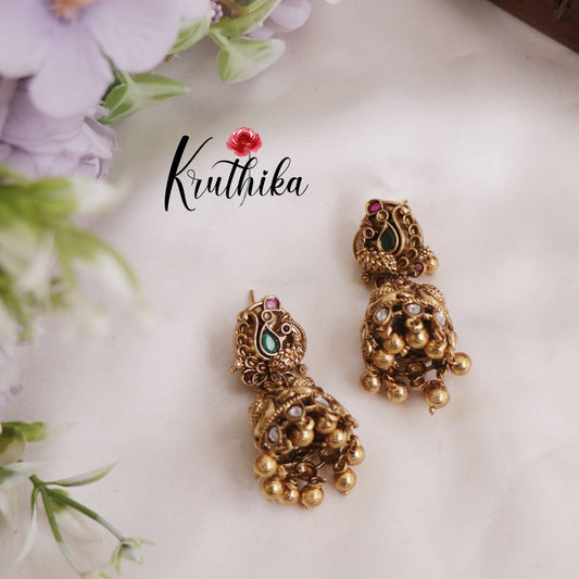 Beautiful Peacock Kundan Jhumkas with Golden Beads Drops E737