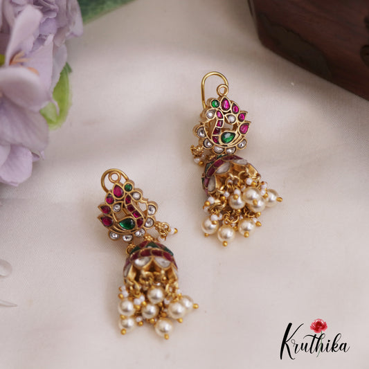 Gorgeous Peacock Motifs Jadau Jhumkas WIth Pearl Drops E914