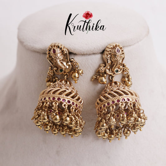 Elegant Ganesh Spiral Jhumkas with Beads Drops E735 (Available in 2 Colours)