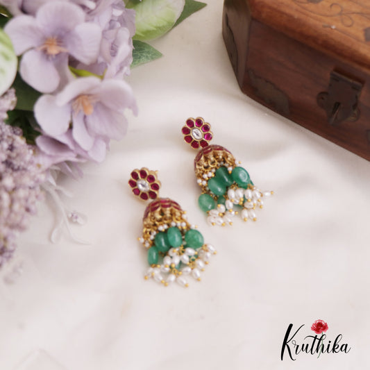 Stunning Floral Motifs Jadau Jhumkas With Green Bead Drops E915