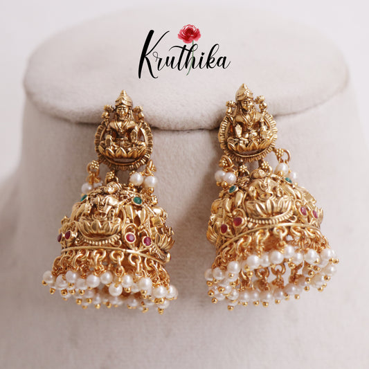 Premium Temple Lakshmi Nakshi Jhumka with Pearl Drops E742