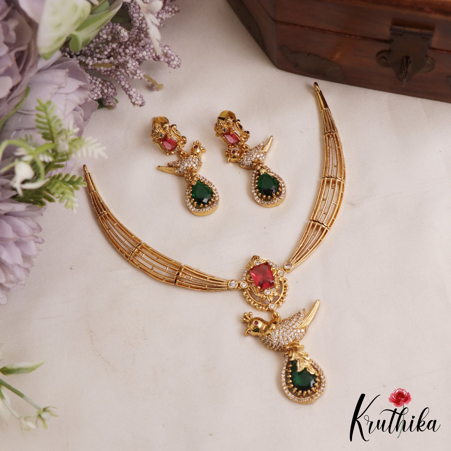 Beautiful Peacock Motifs CZ Victorian Hasli Necklace NC3058 (Available In 2 Colors)