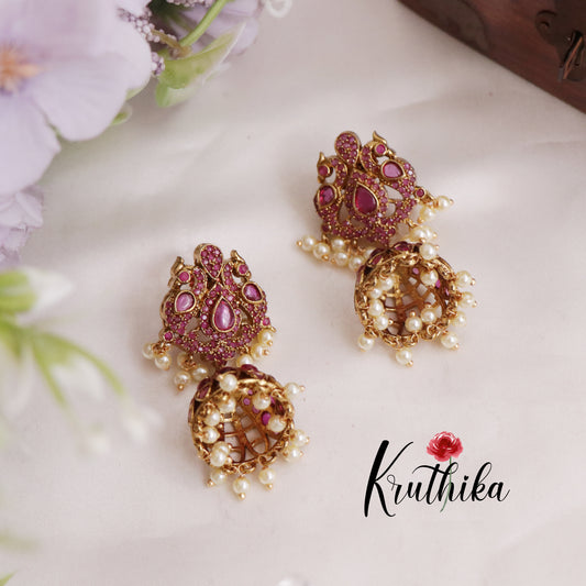 Beautiful Pink Peacock Jhumkas E743 (Available in 2 Colours)