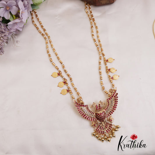 Gorgeous Kemp Gandaberunda Pendant Haaram With Golden Bead Drops LH2043