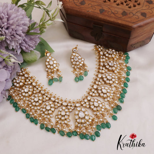 Gorgeous Teardrop Motifs Polki Choker With Green Bead Drops NC2684