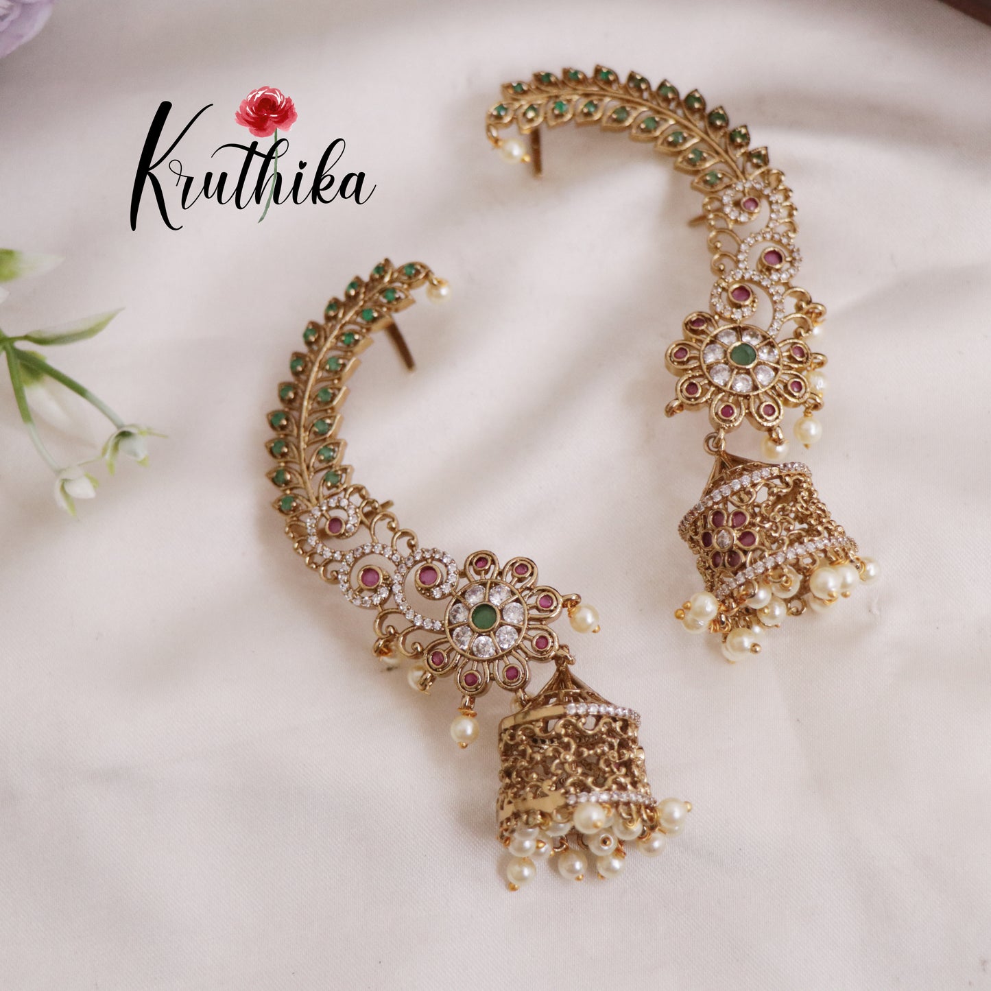 Trendy AD Floral Earcuff with Jhumkas E746